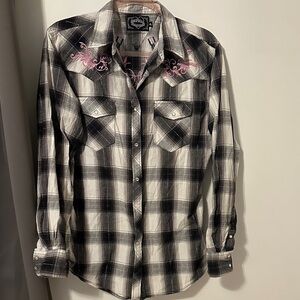 Women's Western Plaid Button Down Shirt - Black and White